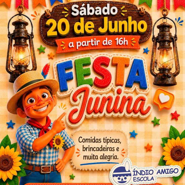 🎉🌽 Está chegando a hora de vestir o traje caipira e reunir a família para uma tarde inesquecível! 🌽🎉

A Escola Índio Amigo convida todas as famílias para a nossa tão esperada Festa Junina, um momento especial de confraternização, diversão e muitas tradições.

Teremos comidas típicas deliciosas, brincadeiras para as crianças, música, alegria e aquele clima junino que aquece o coração! ❤️✨

📅 20 de junho
🕓 A partir das 16h
📍 Rua Visconde de Araxá, Centro - Vassouras/RJ

Venha celebrar conosco e criar memórias especiais ao lado de quem você ama. Esperamos por vocês! 🤠🌻🎊

#FestaJunina #EscolaÍndioAmigo #ArraiáÍndioAmigo #FamíliaNaEscola #VassourasRJ