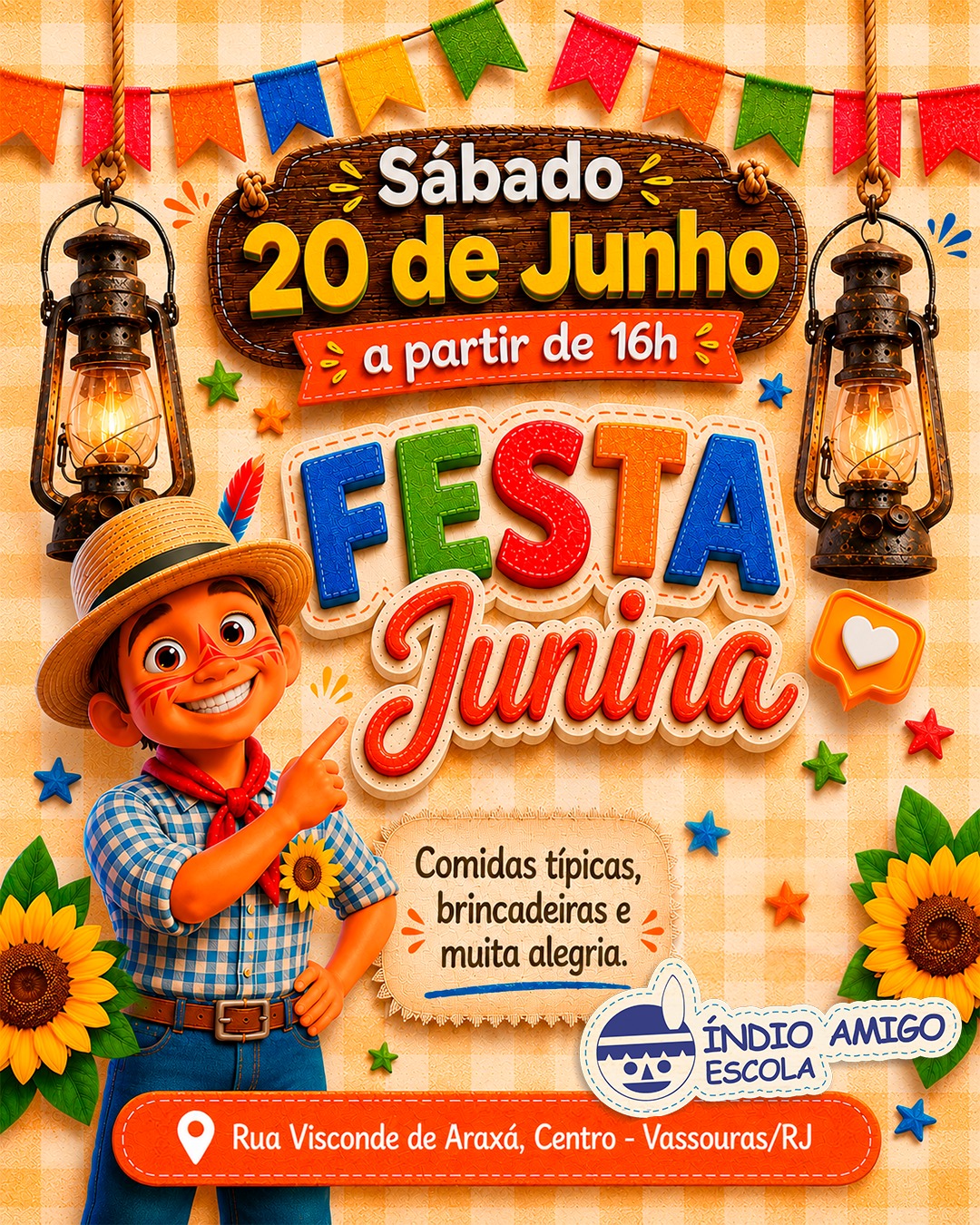 🎉🌽 Está chegando a hora de vestir o traje caipira e reunir a família para uma tarde inesquecível! 🌽🎉

A Escola Índio Amigo convida todas as famílias para a nossa tão esperada Festa Junina, um momento especial de confraternização, diversão e muitas tradições.

Teremos comidas típicas deliciosas, brincadeiras para as crianças, música, alegria e aquele clima junino que aquece o coração! ❤️✨

📅 20 de junho
🕓 A partir das 16h
📍 Rua Visconde de Araxá, Centro - Vassouras/RJ

Venha celebrar conosco e criar memórias especiais ao lado de quem você ama. Esperamos por vocês! 🤠🌻🎊

#FestaJunina #EscolaÍndioAmigo #ArraiáÍndioAmigo #FamíliaNaEscola #VassourasRJ